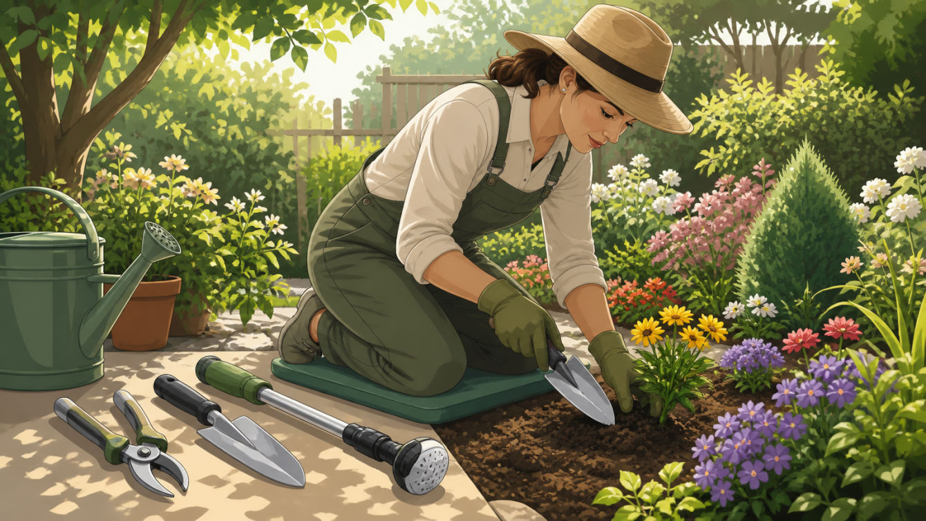 A gardener uses ergonomic tools to plant flowers in a backyard garden.