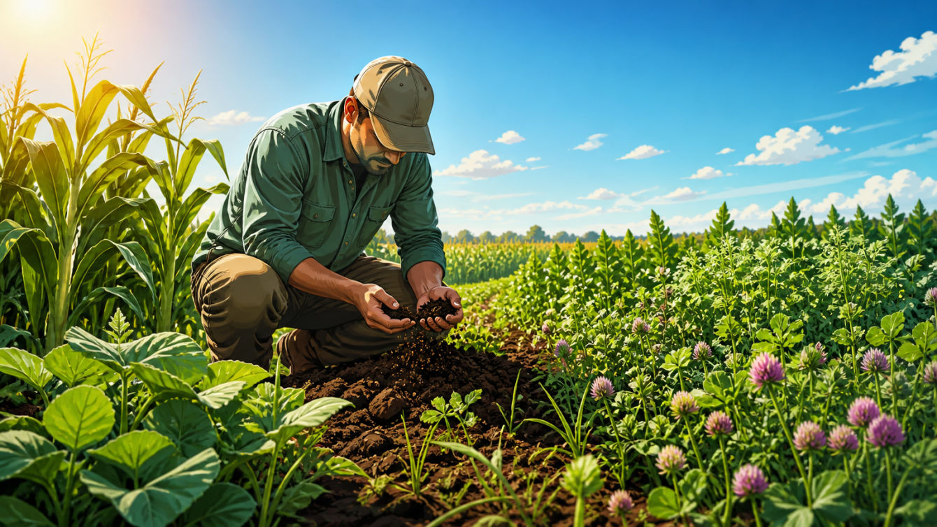 A farmer examining healthy soil to assess organic farming practices.