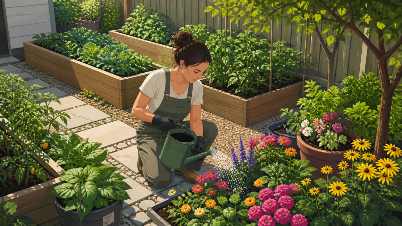 A gardener is nurturing seasonal plants in a vibrant home garden.
