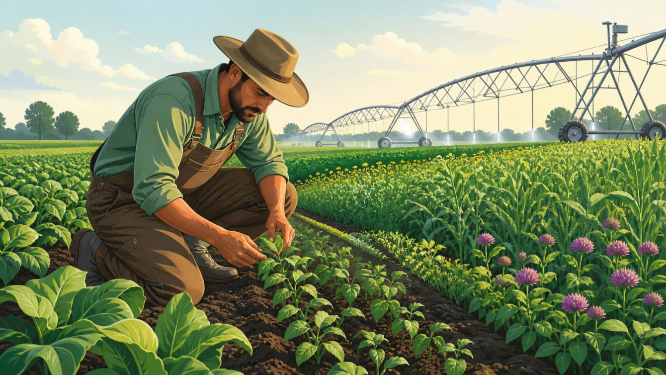 A farmer inspects healthy crops in a sustainable farming field.