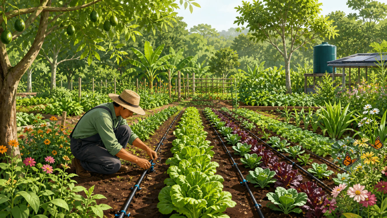A farmer carefully adjusts a drip irrigation system in a sustainable vegetable garden.